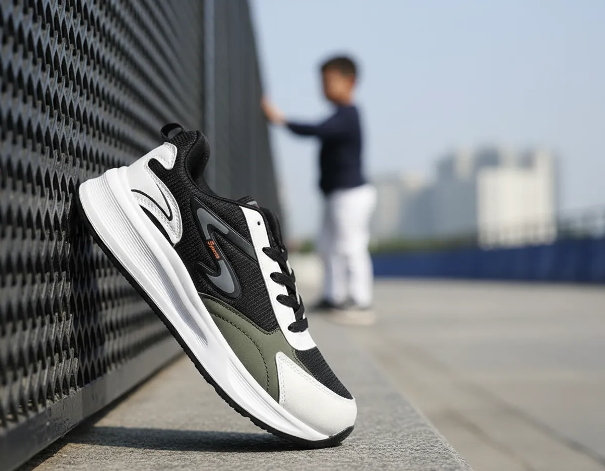 White & Black Mesh Fabric Breathable Stylish Light Weight Sports Running Shoes For Men